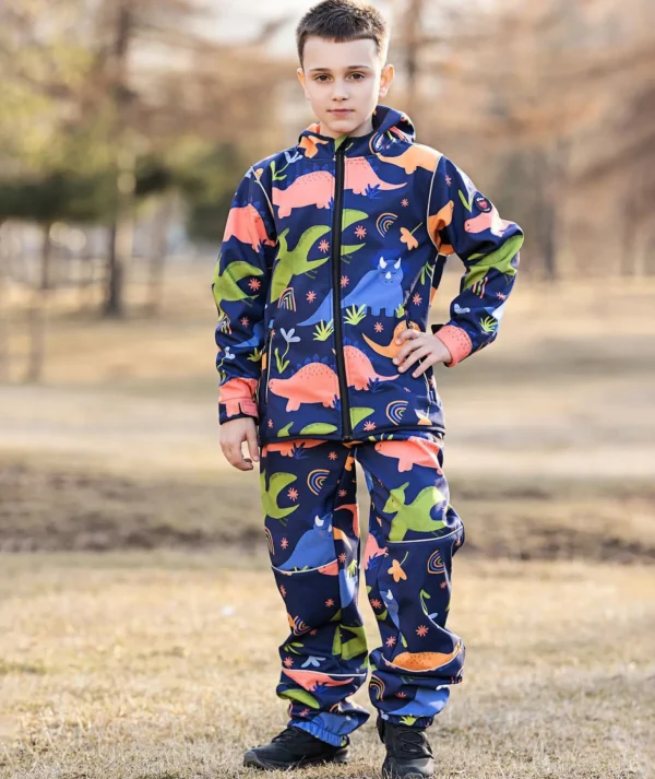 SET - Waterproof Softshell Pants And Hoodie Dino And Flower