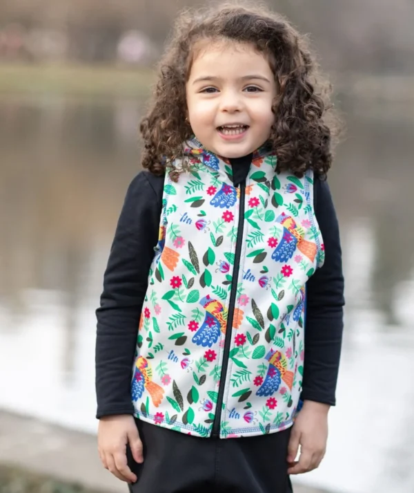 Softshell And Polar Fleece Hooded Vest Flowers And Birds Drawings