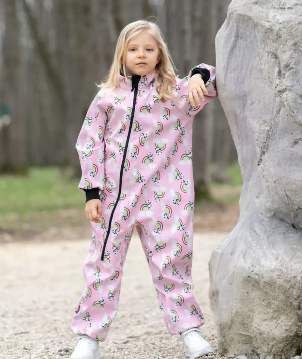 Waterproof Softshell Overall Comfy Panda And Rainbows Pink Bodysuit