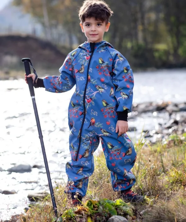 Waterproof Softshell Overall Comfy Dark Blue Birds Jumpsuit