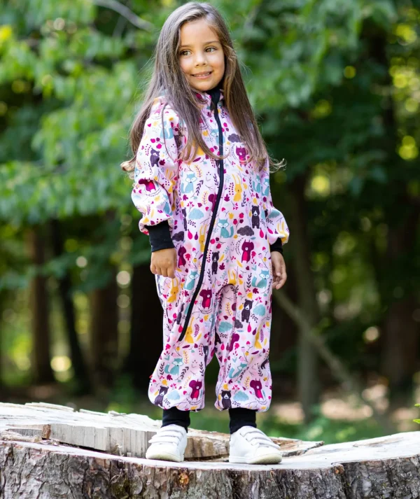 Waterproof Softshell Overall Comfy Forest Animals Pink Jumpsuit