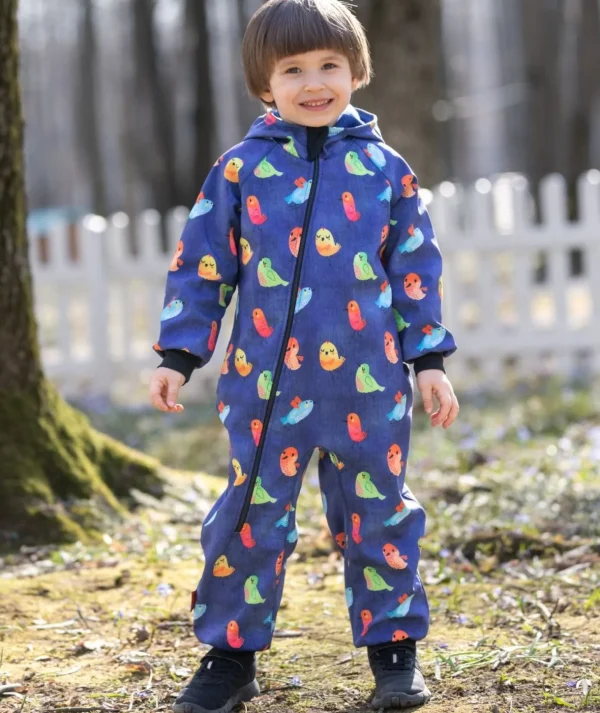 Waterproof Softshell Overall Comfy Denim Blue Birds Jumpsuit