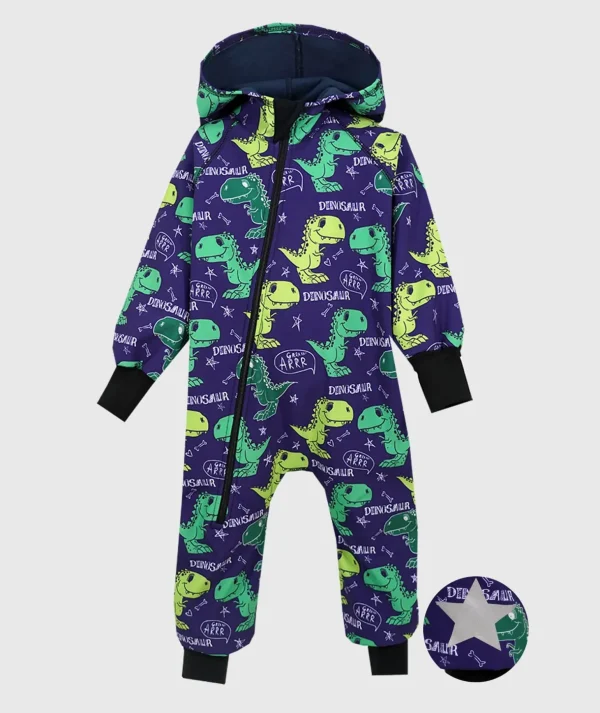 Waterproof Softshell Overall Comfy Dark Blue Dino Jumpsuit