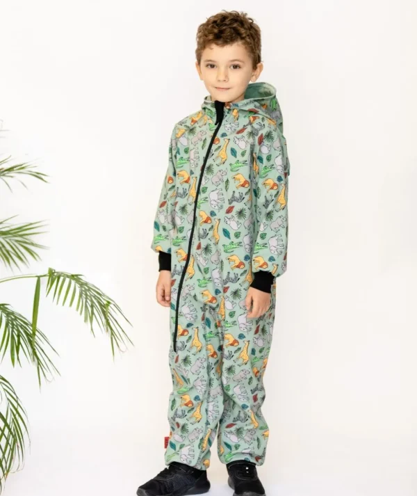 Waterproof Softshell Overall Comfy Savanna Animals Mint Jumpsuit