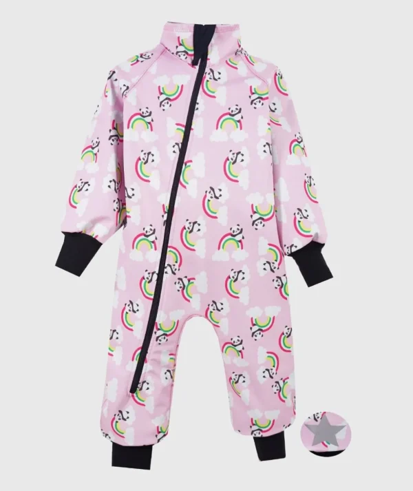 Waterproof Softshell Overall Comfy Panda And Rainbows Pink Bodysuit