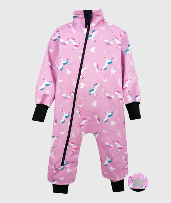 Waterproof Softshell Overall Comfy Unicorns And Rainbows Pink Bodysuit