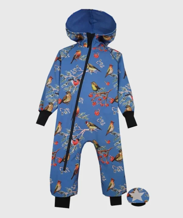 Waterproof Softshell Overall Comfy Dark Blue Birds Jumpsuit