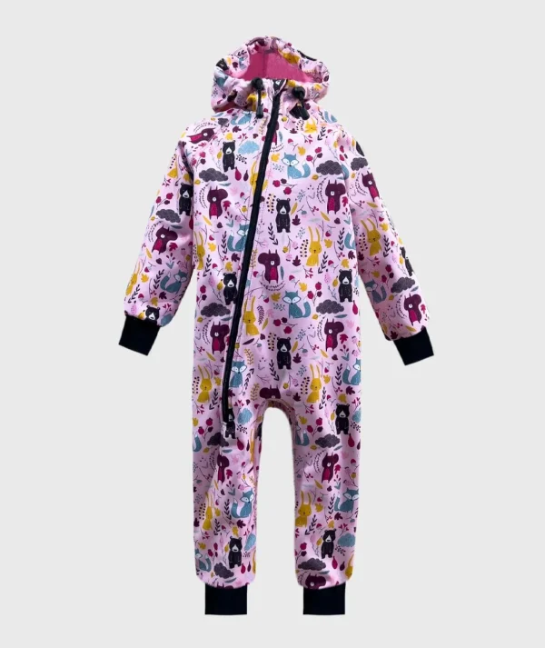 Waterproof Softshell Overall Comfy Forest Animals Pink Jumpsuit