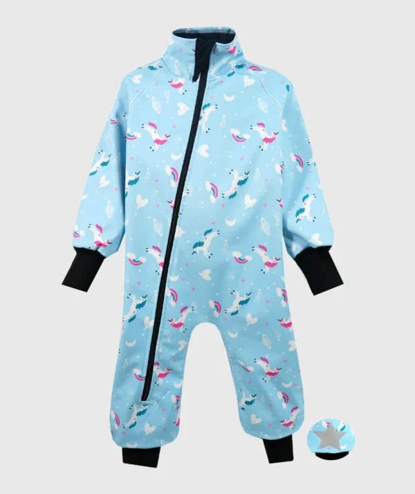 Waterproof Softshell Overall Comfy Unicorns And Rainbows Blue Bodysuit