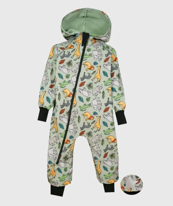 Waterproof Softshell Overall Comfy Savanna Animals Mint Jumpsuit