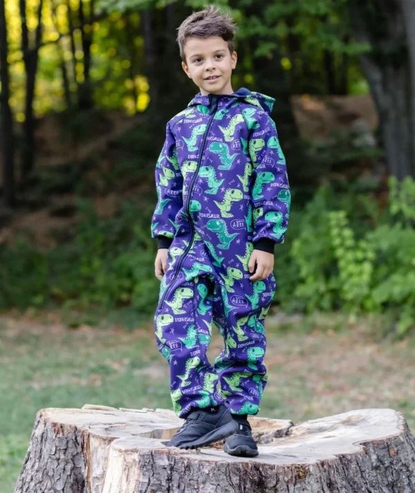 Waterproof Softshell Overall Comfy Dark Blue Dino Jumpsuit