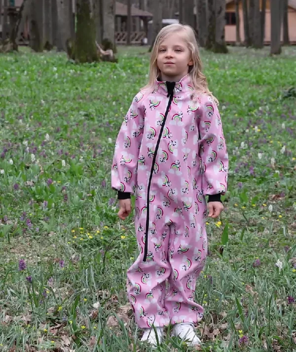 Waterproof Softshell Overall Comfy Panda And Rainbows Pink Bodysuit